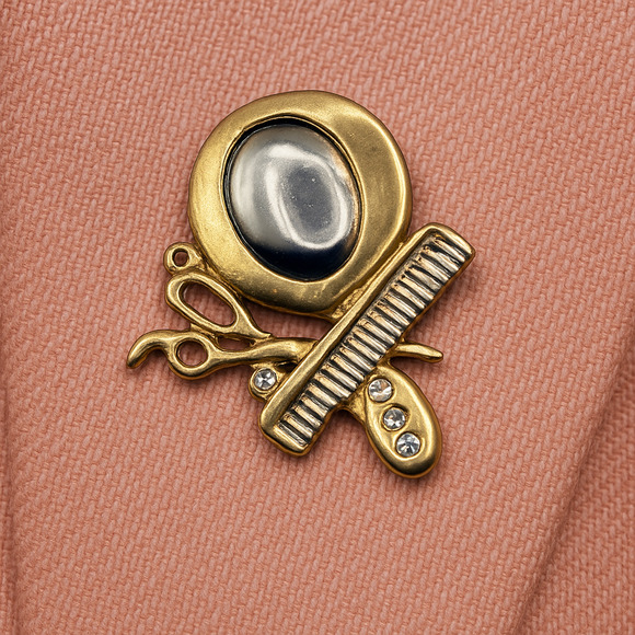 Vintage Gold Hairdresser Pin Scissors Comb Mirror Stylist Jewelry Gift - Hey Viv - Picture 2 of 6